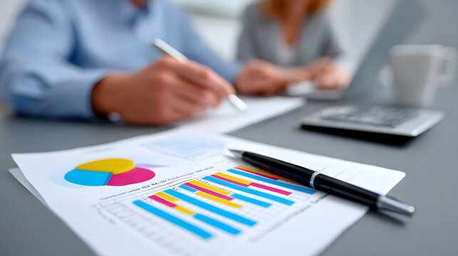 Two professionals reviewing financial charts and graphs during a business meeting, using a laptop and pen to analyze data and make strategic decisions.
