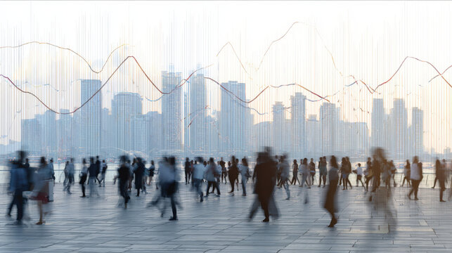 A city skyline with people moving, symbolizing the dynamic nature of the labor market and economic forces. - Powered by Adobe