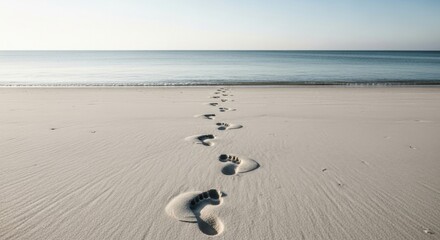 Footprints in the sand leading towards the ocean on a clear day beach