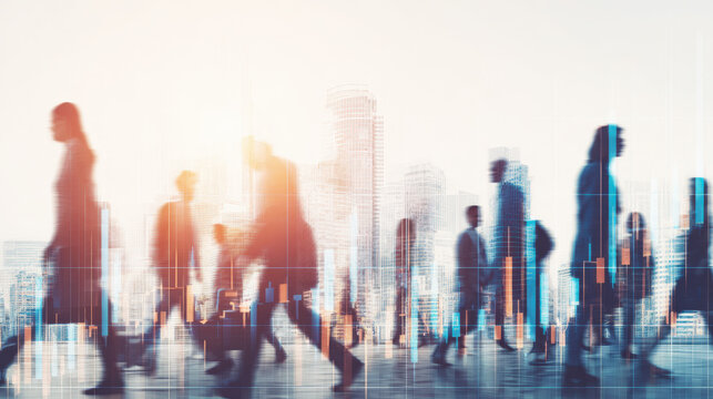 A city skyline with people moving, symbolizing the dynamic nature of the labor market and economic forces.