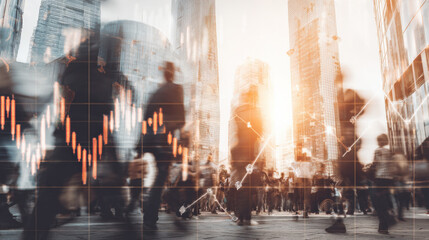 A city skyline with people moving, symbolizing the dynamic nature of the labor market and economic forces.