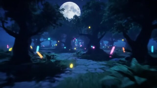 Generative AI - Journey through a magical forest at night. A dreamlike walk along a stone path illuminated by glowing fantasy lights and a full moon. 3D animated fantasy landscape