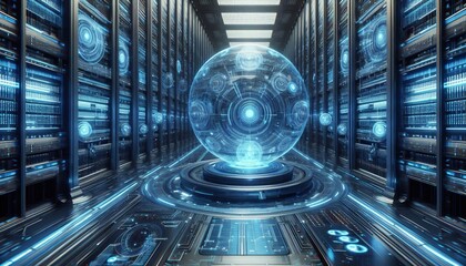 A futuristic library where knowledge is stored in holographic or