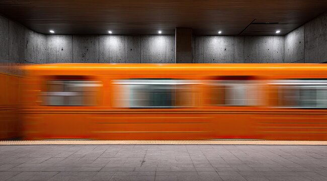 Orange subway train moving fast through station - Powered by Adobe