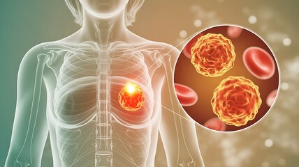 3D Medical Illustration of Female Upper Torso Highlighting Breast Lesion with Cancer Cell Inset