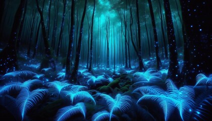 A jungle of bioluminescent ferns their fronds glowing with elect