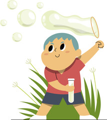cute cartoon character illustration of a child playing soap bubble.