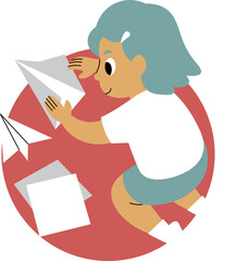 cute cartoon character illustration of a child folding paper plane..