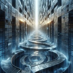 A maze of shifting water walls that repartition the corridors