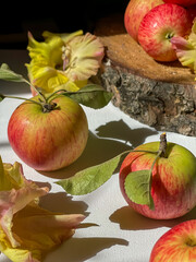 Red apples with leaves on a white table on a sunny day.Light and shadow. Vertical photo