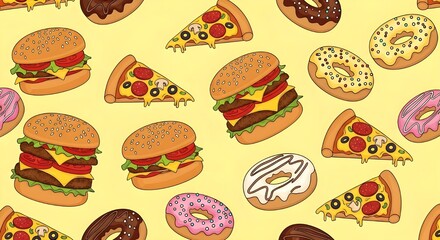 Seamless pattern of hamburger, pizza, and donut on yellow background