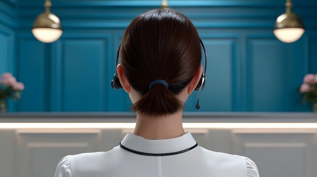 A focused female professional working at her desk in a modern office environment, using a computer and wearing headphones to aid in her productivity, research, and customer support duties. - Powered by Adobe