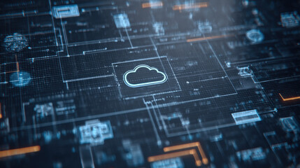 A cloud-based software update process illustrated with animated arrows, symbols, and network connections, representing data transfer and synchronization of systems in the cloud