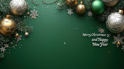 Top view green gold silver Christmas balls and pine branch Christmas New Year background with festive text, cinematic lighting on dark gradient, holiday theme design.