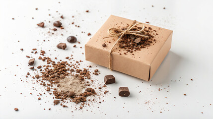 Gift box with chocolate pieces and cocoa powder scattered on white background packaging closeup