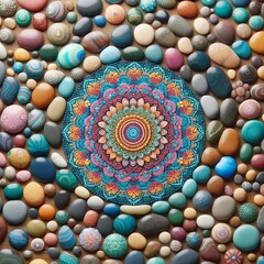 A pile of colorful pebbles arranged in a mandala pattern