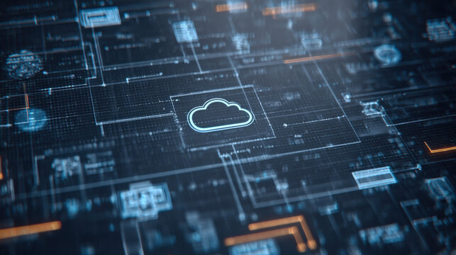 A cloud-based software update process illustrated with animated arrows, symbols, and network connections, representing data transfer and synchronization of systems in the cloud