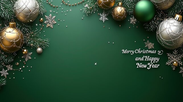 Top view green gold silver Christmas balls and pine branch Christmas New Year background with festive text, cinematic lighting on dark gradient, holiday theme design.