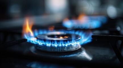 Close-up of two gas burners ignited.  Blue flames on metal stove top