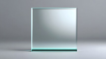 Fototapeta premium A clear, glass cube-shaped object displayed on a minimalist surface, showcasing its simple, geometric design and reflective properties.