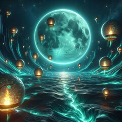 A ring of floating lantern like pods emitting teal fire circling