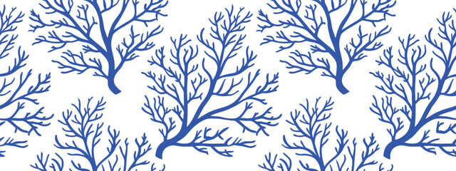 Seamless blue coral pattern on white background, perfect for textile and surface design. Minimalist marine-inspired design, clean line art style. Ideal for wallpaper, packaging, and digital projects.