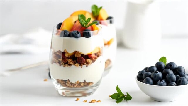 Layered yogurt granola parfait with fruit