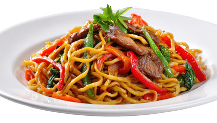 A plate of stir-fried noodles with meat and vegetables