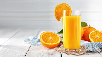 Naklejka premium Fresh orange juice in a tall glass, beside sliced oranges on a white wooden table