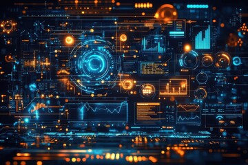 Advanced digital data interface displaying technology analysis and futuristic visuals