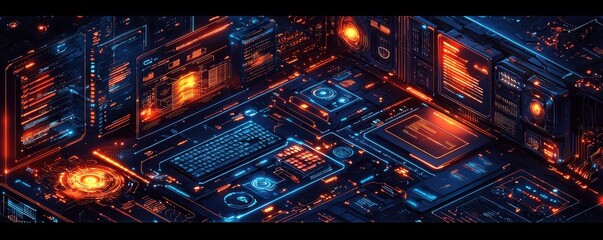 Isometric Visualization of Technological Circuitry with Digital Code and Futuristic Design