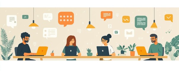 Illustration of a Collaborative Workspace with Diverse People and Colorful Speech Bubbles