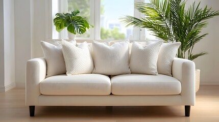 Plush, neutral-toned sofa set against a bright, airy living room with lush indoor plants and natural light streaming through the