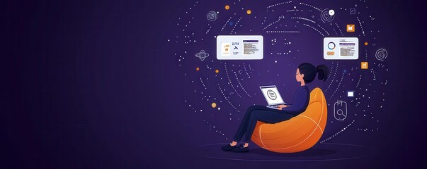 Person sitting in a digital workspace surrounded by virtual elements