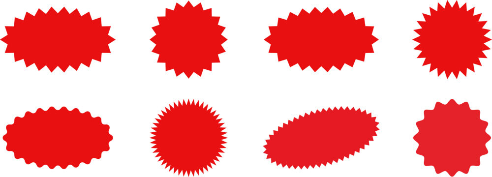 Set of sale sticker, price tag, starburst, sunburst badges, quality mark, sunburst badges, retro stars. Wavy edge. Star burst shape. Promo stickers with star edges. Sale or discount. Vector or PNG .