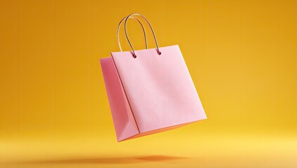 Pink shopping bag, floating on yellow background