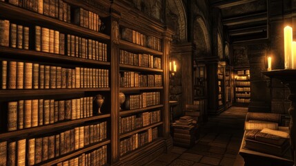Obraz premium A dimly lit library with wooden shelves filled with books, creating a cozy, scholarly atmosphere enhanced by candles.