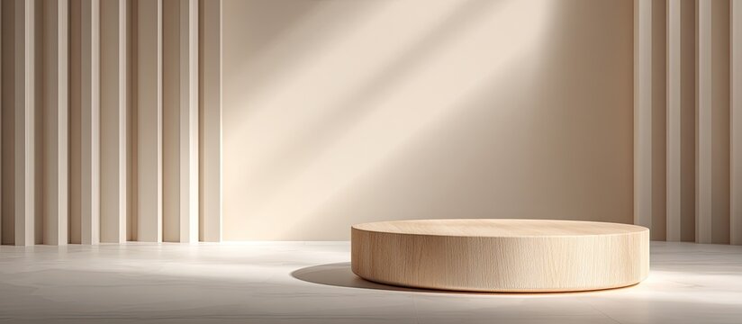 Light-filled, minimalist beige room with a wooden pedestal