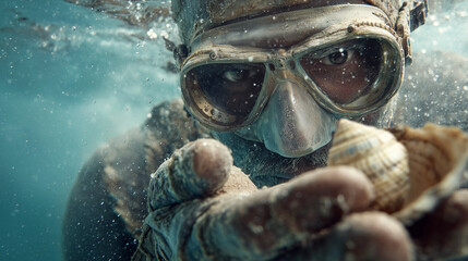 pearl diver, emerging from ocean holding oyster shell