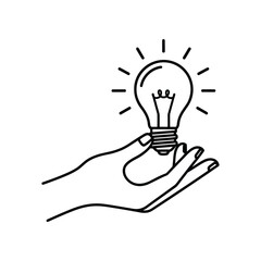 Lightbulb and Hand Icon: A simple, clean line drawing presents a hand delicately cradling a glowing lightbulb, symbolizing inspiration, innovation, and new ideas.