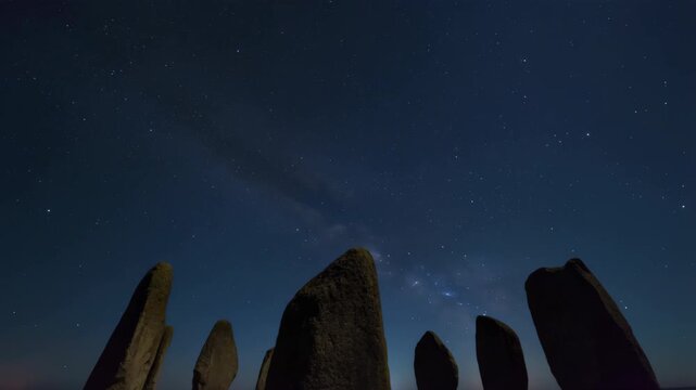 Milky way galaxy over menhirs in brittany at night