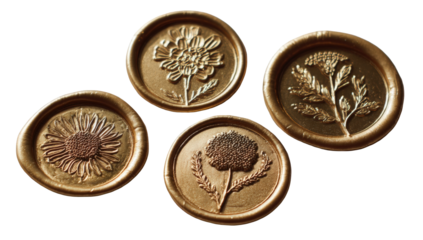 Four golden embossed floral seals