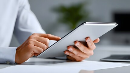Close-up of a person's hands using a digital tablet device while working in a contemporary office environment