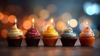 Row of colorful birthday cupcakes with lit candles and glowing bokeh lights for festive party celebration, dessert decoration, holiday greeting card, or event invitation background