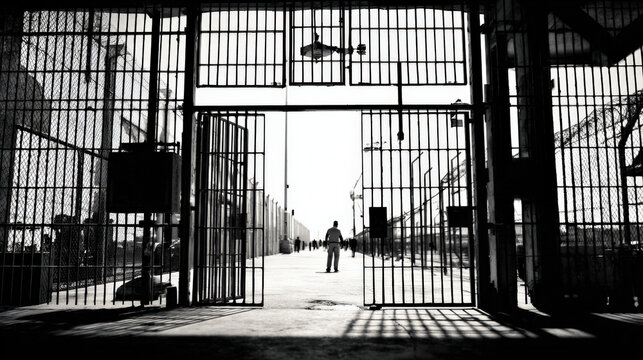 A high-security prison gate slowly opening, with prisoners walking out into an empty courtyard, their figures blurred as they step toward freedom, representing the moment of release from confinement.