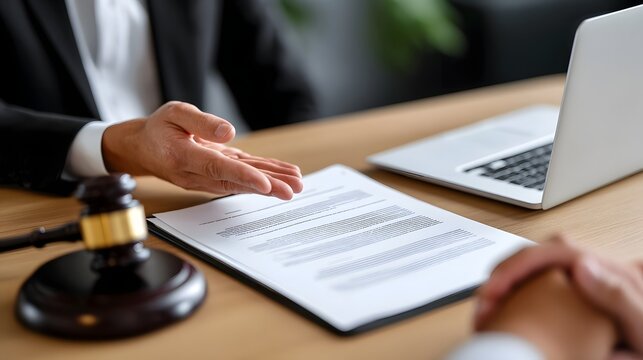 A business professional in a suit carefully reviewing legal documents and contracts on a desk, with a laptop computer open in front of them.