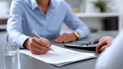 A professional woman in formal attire sitting at her desk, reviewing documents, using a calculator, and making notes in an office environment.