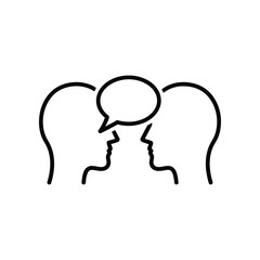 Dialogue and Connection: A minimalist, graphic depiction portrays two individuals in conversation, communicating with a speech bubble. The image focuses on dialogue, sharing ideas and ideas