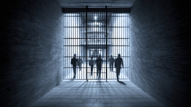 A high-security prison gate slowly opening, with prisoners walking out into an empty courtyard, their figures blurred as they step toward freedom, representing the moment of release from confinement.