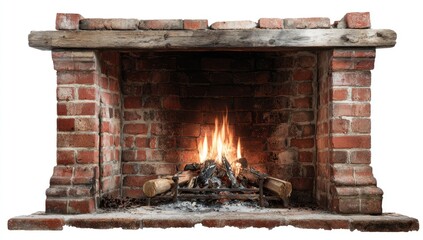 Old brick fireplace with burning wood